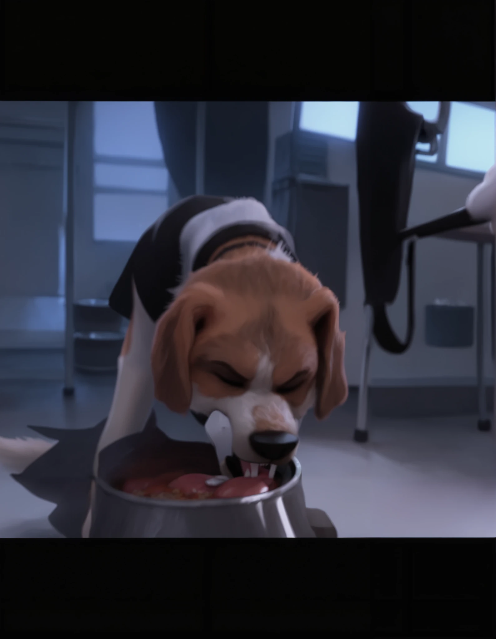 score_9, score_8_up, score_7_up, score_6_up, a long haired anthropomorphic beagle eating meat chops from a metal bowl in the airport security room, open mouth, no humans, 1girl, wolf, body fur, two tone fur, doggystyle pov, wearing a airport security dog sheet (dog cape shaped), eating meat chops, metal feeding bowl, feeding head down