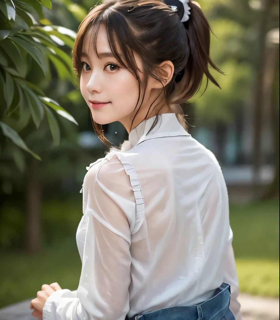   top quality 、  Ultra High Definition、  masterpiece、Clear Photo、(Photorealistic:1.6)、(  cute girl、  cute Yuki Yoda)、(  full body photo)、(  cute face :1.6)、   hair bun、   low rise denim pants   :1.8、 Looking down from behind 、 wearing Japanese maid uniform 、 ( ponytail)、(only her face looks back:1.6)、  white blouse、bornまれた々born々A vivid depiction、 I can see   、  she's standing with her back to me, smile, 