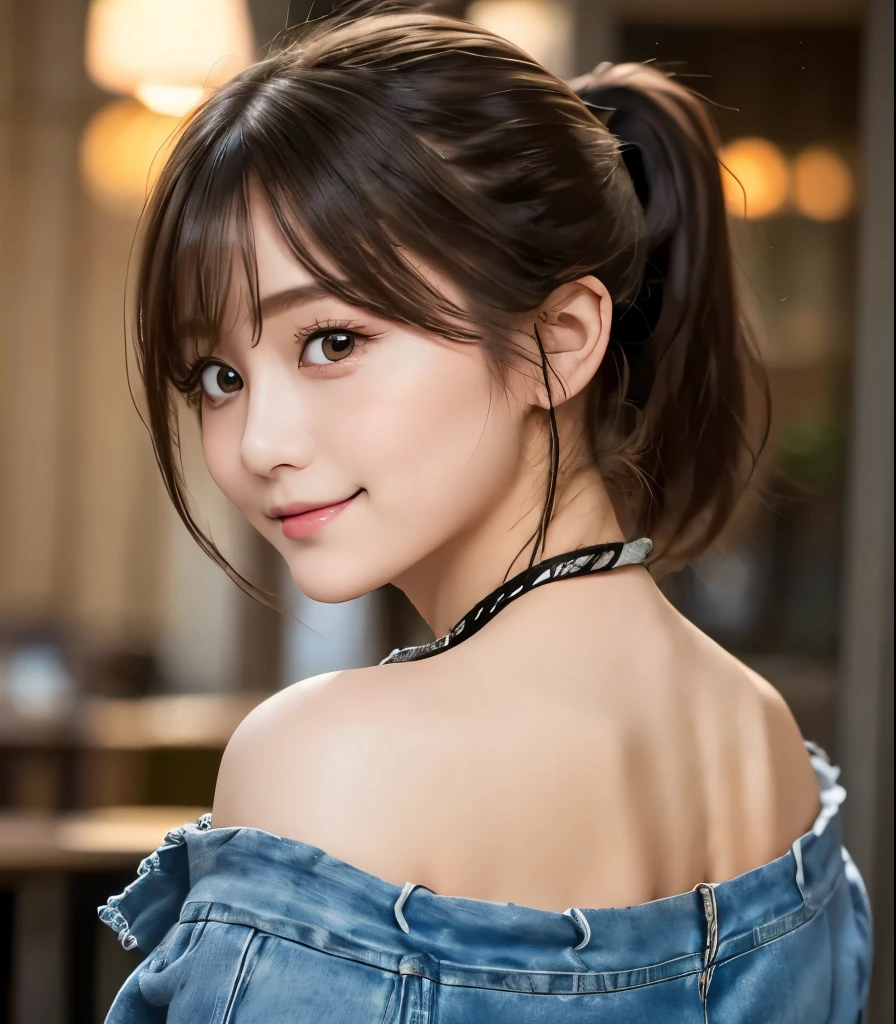   top quality 、  Ultra High Definition、  masterpiece、Clear Photo、(Photorealistic:1.6)、(  cute girl、  cute Yuki Yoda)、(  full body photo)、(  cute face :1.6)、   hair bun、   low rise denim pants   :1.8、 Looking down from behind 、 wearing Japanese maid uniform 、 ( ponytail)、(only her face looks back:1.6)、  white blouse、bornまれた々born々A vivid depiction、 I can see   、  she's standing with her back to me, smile, 