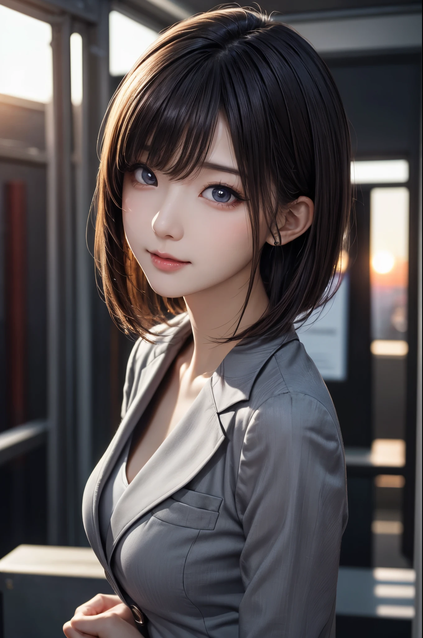high quality, high resolution, 8k, 4k, Ultra HD, photorealistic, intricate details, sharp focus, masterpiece, award-winning, professional photography, cinematic lighting, from above, dynamic pose, 1girl, Pretty Japanese Idol, posing for a picture, (((wearing a gray business suit))), straight bob hair, beautiful eyes, detailed irises, beautiful face, natural makeup, kawaii, cute face, round face, smooth skin, radiant skin, beautiful glossy lips, beautiful breasts, ultra detailed, hyper-realistic, detailed texture, dramatic contrast, vivid colors, warm sunset light, ethereal glow