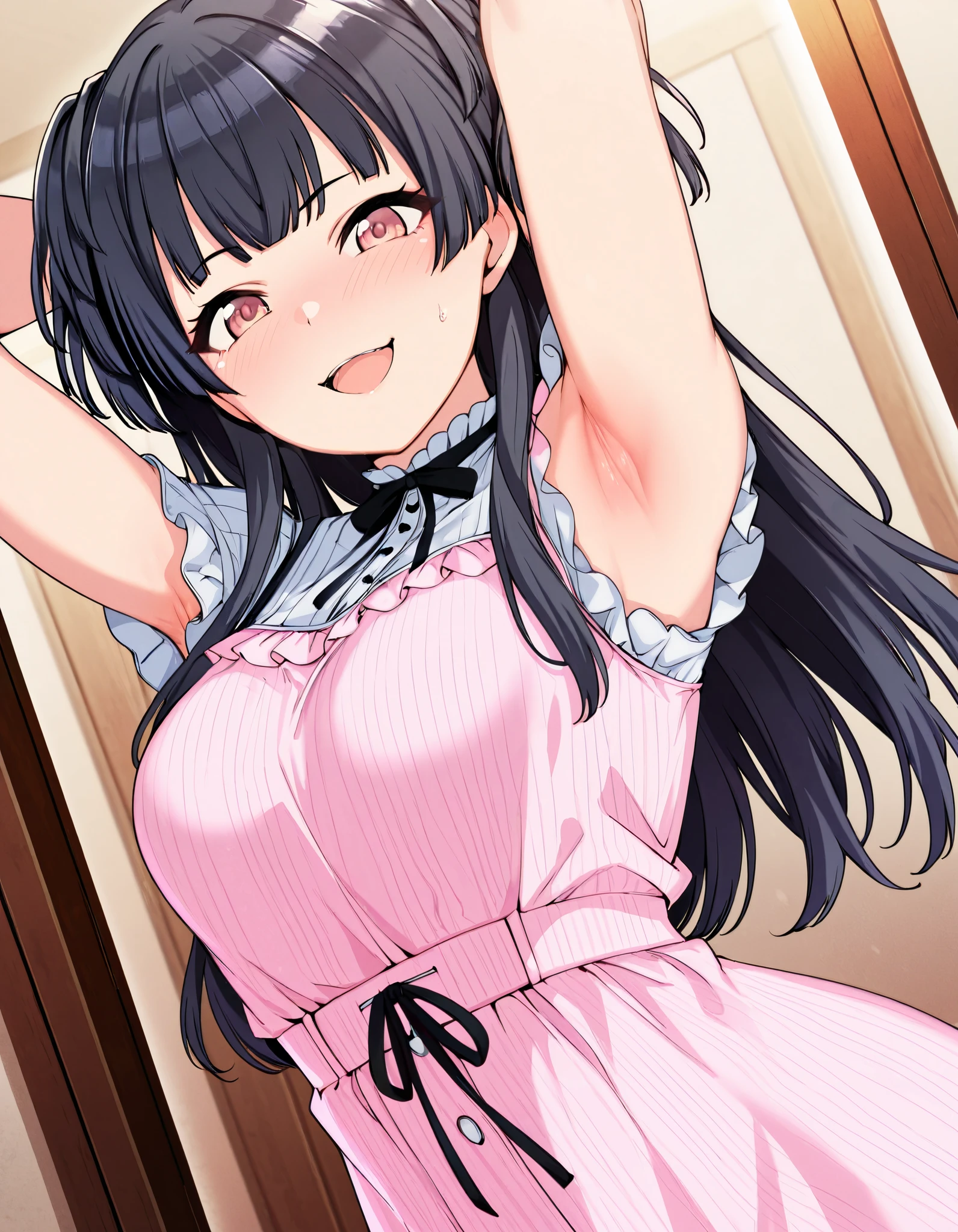 masterpiece,best quality,newest,1girl,solo,Alp,

Masterpiece, Highest Quality, Ultra Detailed, High Resolution, masterpiece, highres, absurdres. Best resolution. Good anatomy.
mayuzumi fuyuko. casual. 1girl, black hair, two side up, brown eyes, with alternating. pink eyes
(1girl, solo. pulling clothes to show armpits),looking at viwer,

smile, troubled face, open mouth, stare at viewer,  embarrassed, \(troubled eyeblows\), 
((masutepiece,hight resolution)), masutepiece, Best Quality, , absurderes, Perfect Skin, Detailed skin texture, ultra-detailliert, 8K, Intricate details, beautifull detailed face,hight resolution,
