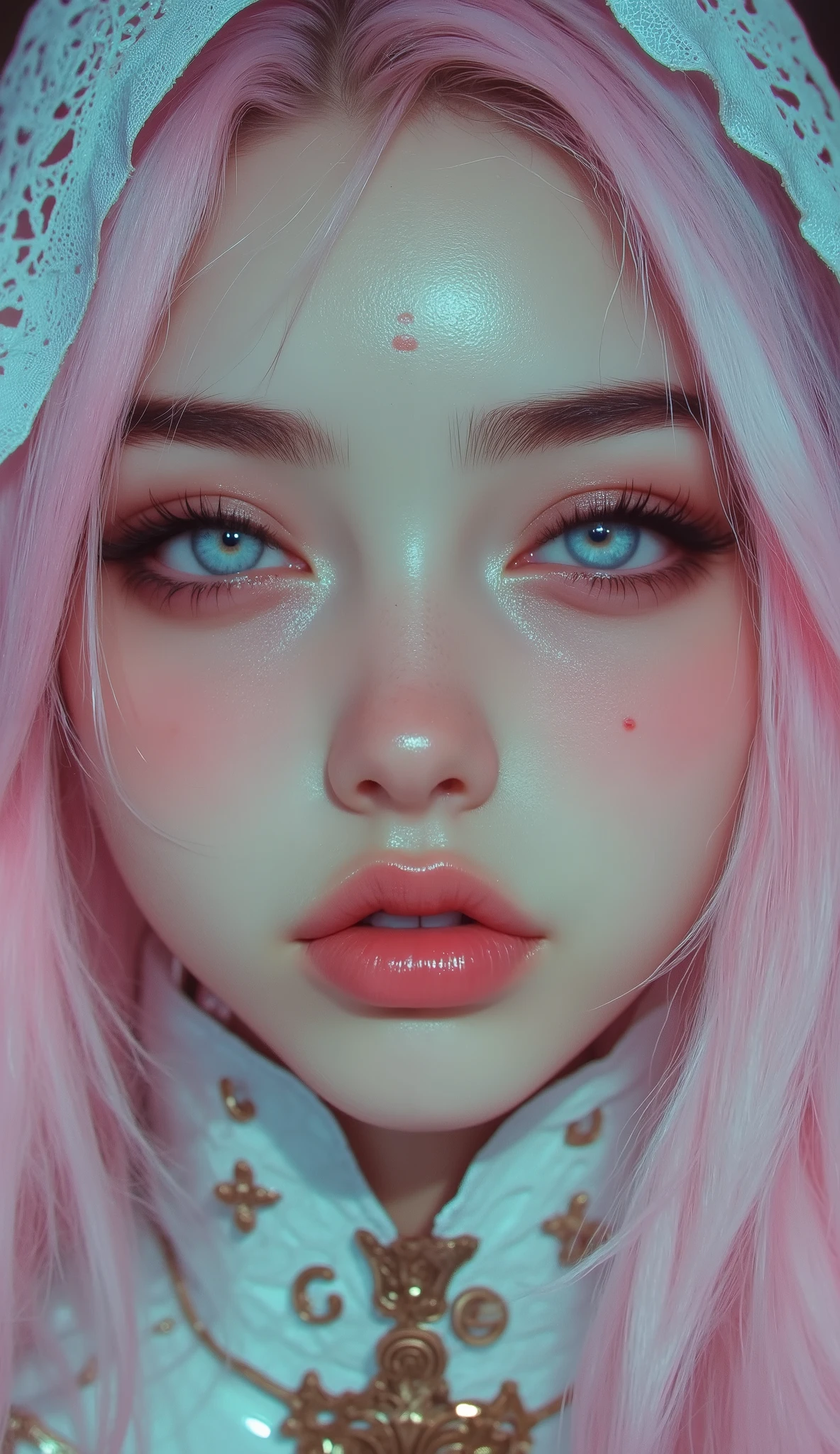 Woman, pink hair, long hair, Layered Wavy hair, light blue eyes, white skin, a little freckles under the eyes, light Makeup and Lipstick, eyeliner, mesh White Niqab veil, Zoom in a shot to make half of the face fill the picture, ( Make the frame show only half of the face), Gold forehead collar, extreme close-up Angle, beautiful lighting masterpiece dramatic pose sleek detailed ((beautiful face)) exquisite detail backlit absolute masterpiece iridescent beautiful details heartwarming glorious exotic exquisite beautiful colors 8k , enlightened inspiring ((masterpiece)), ((best quality)), high quality ((brilliant)) (glowing) volumetric light pastel pure perfection marvelous courageous masterpiece, (((((detailed))))), cinematic shot, dynamic lighting, Macro lens, Technicolor, cinemascope, sharp focus, fine details, 8k, HDR, realism, realistic, key visual, film still, cinematic color grading, (neon color grading:1.2), taken with Canon EOS R5, realistic light effect, ray-tracing, detailed-eyes, detailed-nose, detailed-lips, perfect eyes, beautiful, (detailed-skin), Real photograph, (high-detailed:1.5), (high-quality:1.5), (high-resolution:1.5), perfect Iris, دقة عالية, دقيق, علم التشريح صحيح, تفاصيل عالية, شاشة فائقة الدقة, مفصل جدا, الجلد ذو الجودة, Sony FE GM,
