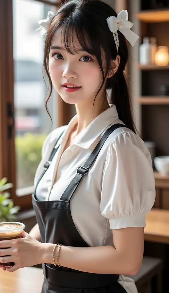 Works of masters,超A high resolution,8K分辨率,depth of fields,Exquisite facial features,Glowing skin,girl,solo person,barista,Watery eyes,Glowing eyes,ssmile,Long grey hair,brown haired,Wave head,heart-shaped hair ornament,Bracelet,Collar,hoop earings,Workplace uniforms,pinafore,Fast Food Uniforms,Facing the viewer,Holding a mug,tea shop,Cinematic lighting、Panties in full view