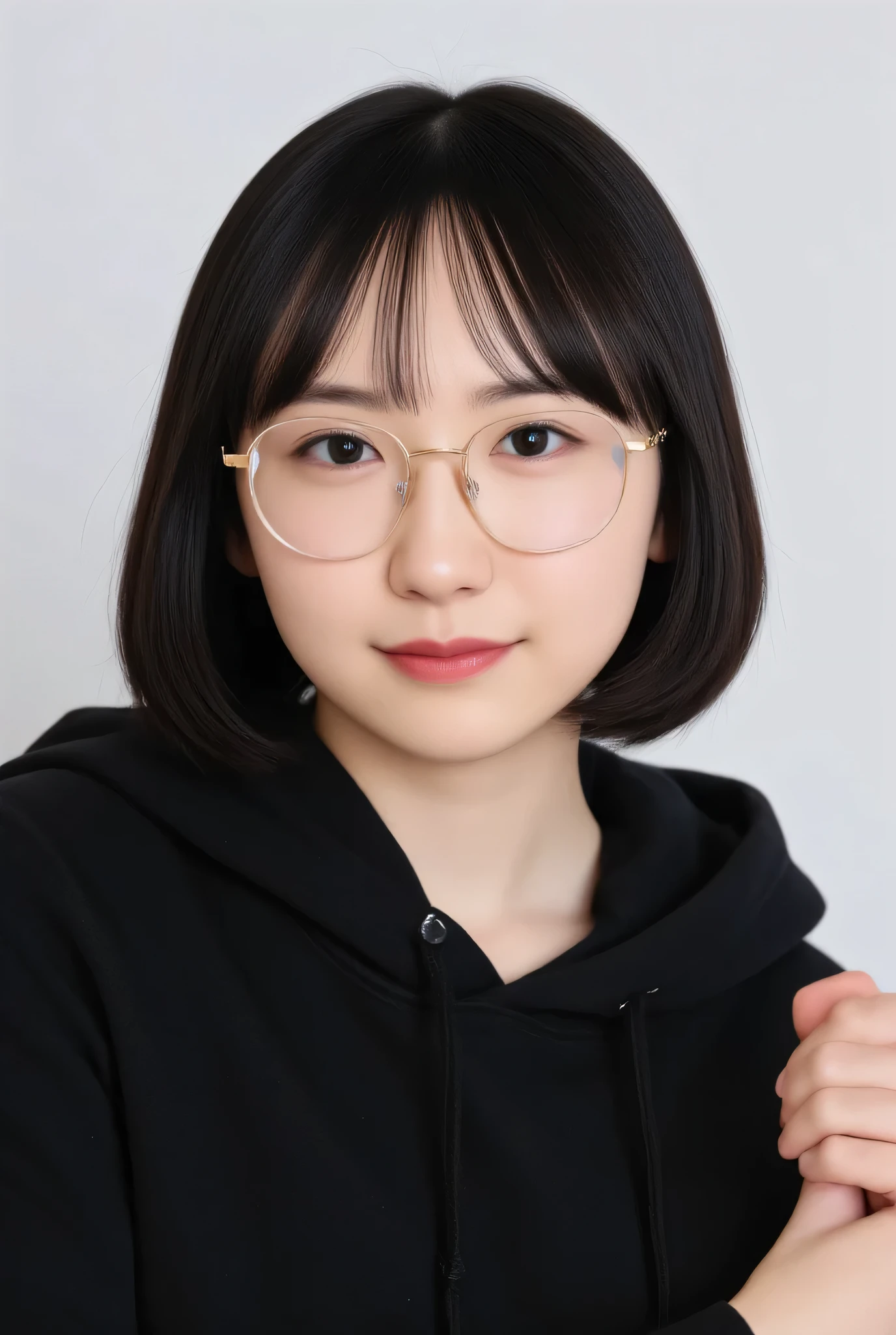 1girl, Solo, High Resolution, Masterpiece, Anatomically Correct, Accurate, real proportions, detailed skin, detailed face, Best Quality, real life style, black hair, emo hair, bob haircut, glasses, black hoodie, portrait 