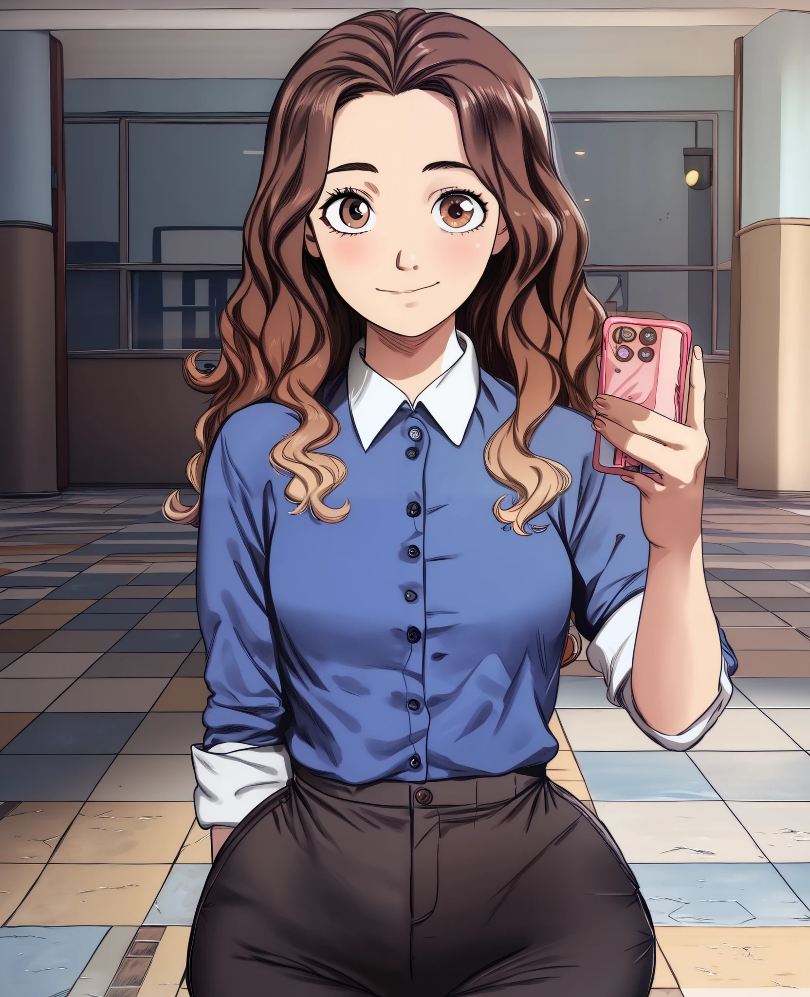 ((Cute short girl,brown gradient hair,brown-with-little-blonde gradient hair,brown wavy long hair,brown eyes,middle part front long wavy hairstyle,low-fair skin,wearing white polo with blue shirt,black pants with blue strippes,blue-strippes on black pants,wide hips,little-breasts)),(((Background of outaide of school with cement floor and 2 orange with white school buildings with 3 floors,stand,normal mood,front view,using the cellphone,brown hair)))