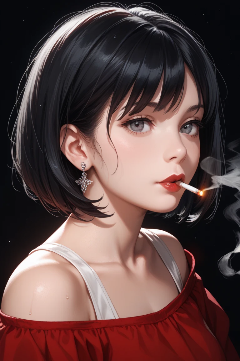 Japanese anime-style black haired bob with cigarettes in the cold color manga Hitomi has a black background gray black hair face only lips dark red  without piercings