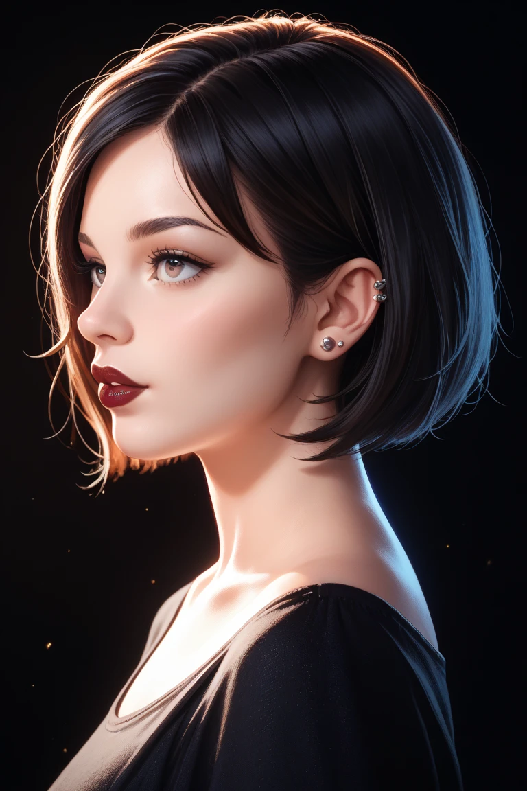 Realistic photo of a beautiful m4r10nc woman,1girl,solo,looking at viewer,short hair,shirt,black hair,dress,artist name,black dress,lips,watermark,facial mark,realistic,soft lighting, professional Photography, Photorealistic, detailed, RAW, analog, sharp focus, 8k, HD, high quality, masterpiece<lora:m4r10nc:1.0>