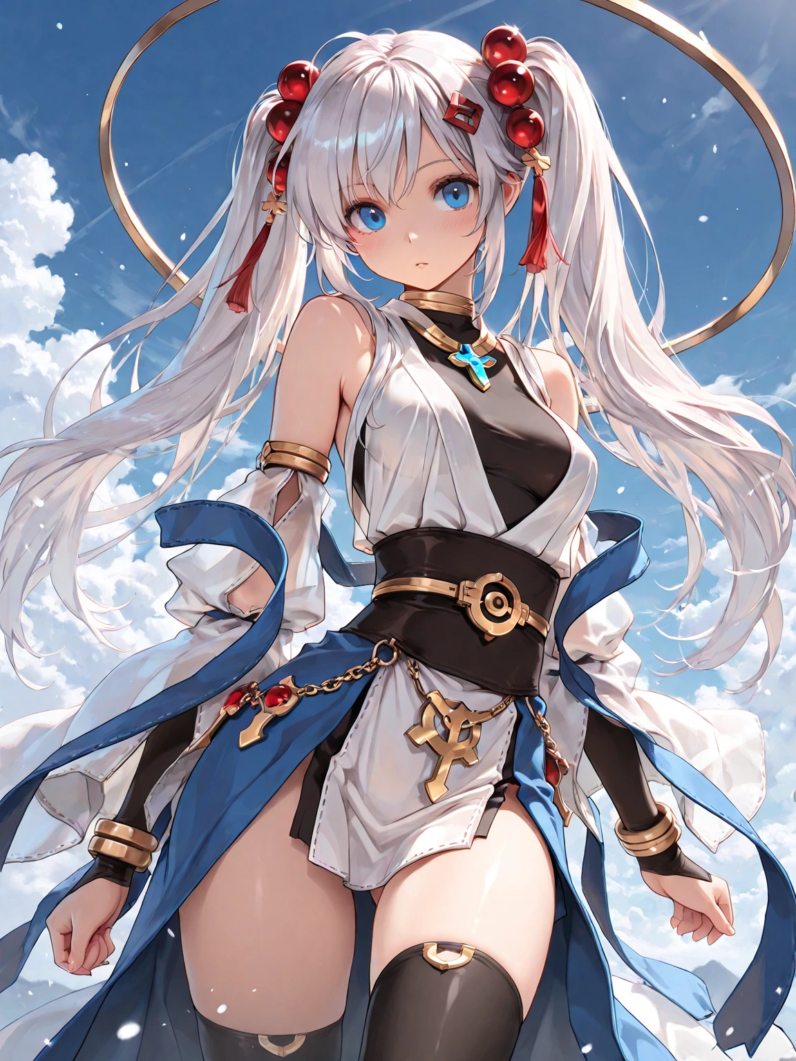 masterpiece, Highest quality, One girl, whitish eyes,center parted hair、forehead,sholder length hair、medium hair、white hair、T-Shirts,(crop top navel:0.8)、gentle smile、Very sexy、upper body,from front,Calm feeling illustration