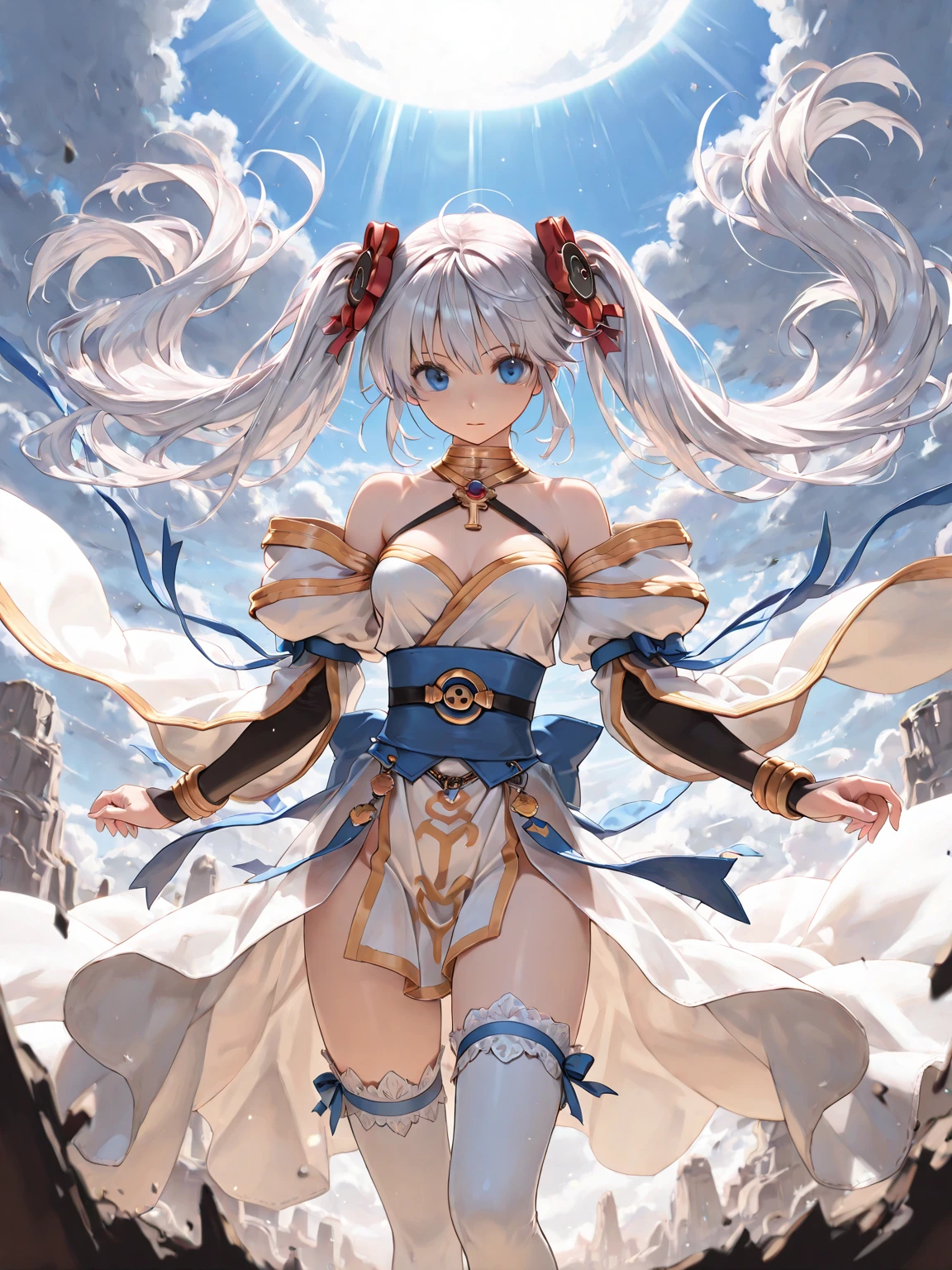 (extremely detailed CG, best qualityer:1.1), 1 girl, face perfect, shiny pupils, (beautiful finely detailed eyes:1.1), ((wolf ear)), ((Wolf tail)), with his back looking at the landscape from the top of the mountain, Broad Hips, narrow waisted, tissue, printed pantyhose, pom pom (badass clothing), duffel bag, boots with leather trim, elbow gloves, bottom-up view