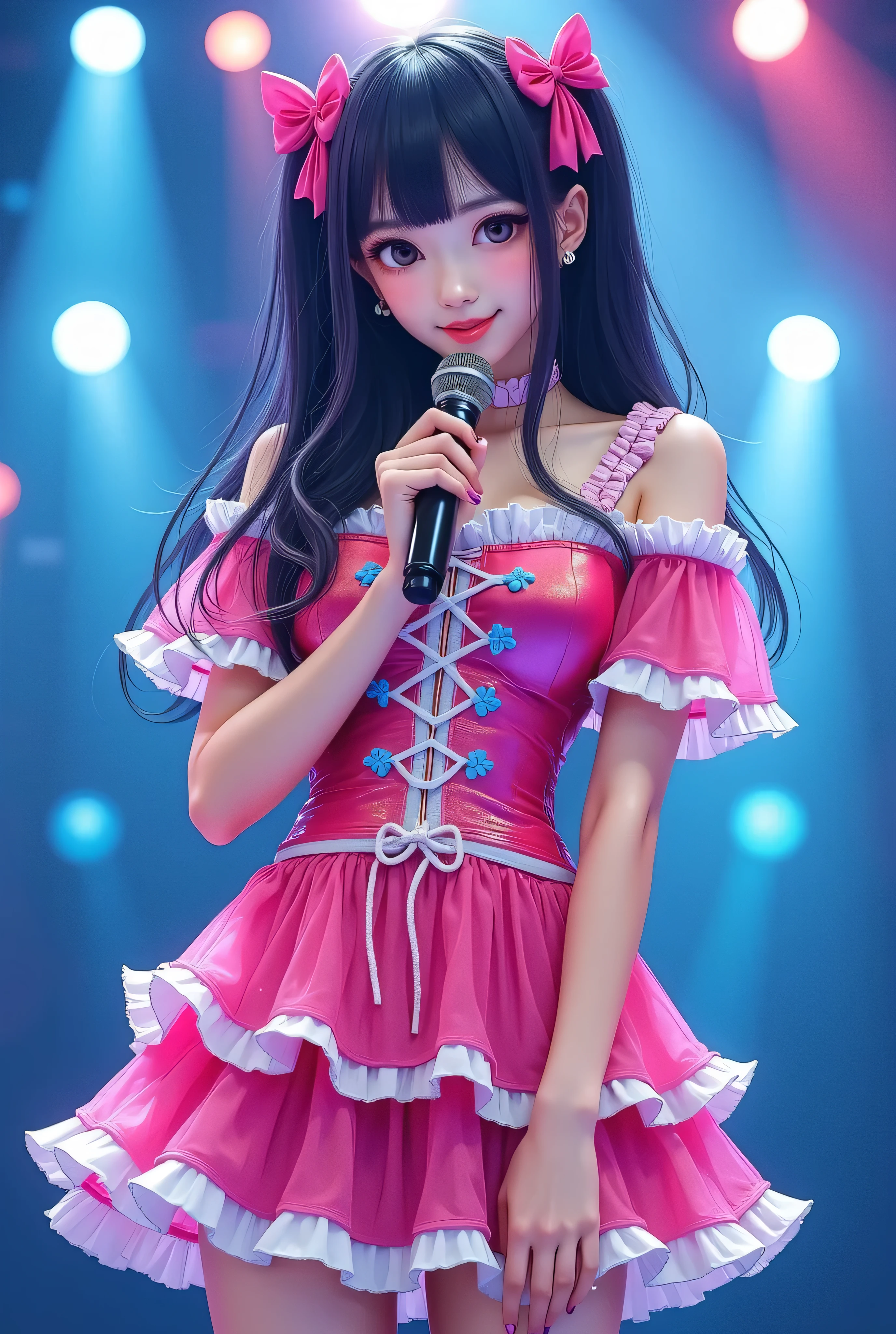Create a highly detailed, realistic image of a young woman with long, dark hair styled with two small pink bows on either side. She is wearing a vibrant and transparent shinning glossy pink short dress that has a layered, frilly design with white ruffled edges on the sleeves and neckline. The dress has intricate lace-up details on the front, with white ribbons crisscrossing over the bodice. A large, white bow is tied around her waist, and the skirt is layered with multiple ruffles, alternating between white and pink frills. The upper part of the dress has a mix of white and blue accents, especially around the shoulders, giving it a lively, idol-like appearance. The girl’s expression is cheerful and playful, with a radiant smile, captured both in performance and posing with a slightly pensive look. Ensure that her outfit appears shiny and glossy, reflecting stage lights, and incorporate a vivid, performance-like atmosphere in the background. Some Lights shooting around, she hold microphone, head thighs portrait,
