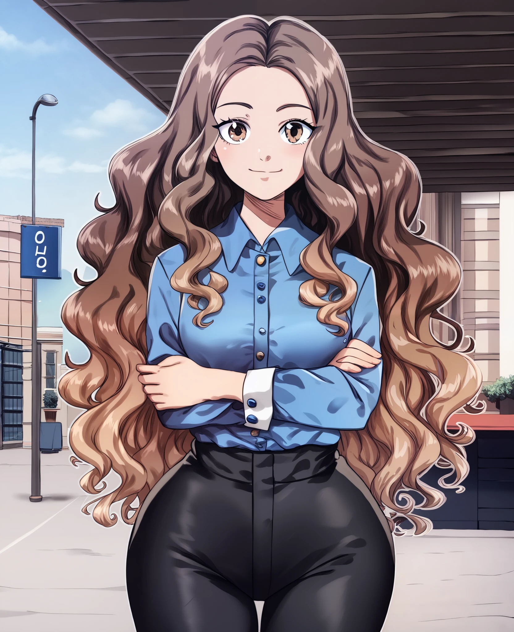 ((Cute short girl,brown gradient hair,brown-with-little-blonde gradient hair,brown wavy long hair,brown eyes,middle part front long wavy hairstyle,low-fair skin,wearing white polo with blue shirt,black pants with blue strippes,blue-strippes on black pants,wide hips,little-breasts)),(((Background of outaide of two prange school building with 3 floors,stand,normal mood,front view,brown hair,brown middle part long wavy hair)))