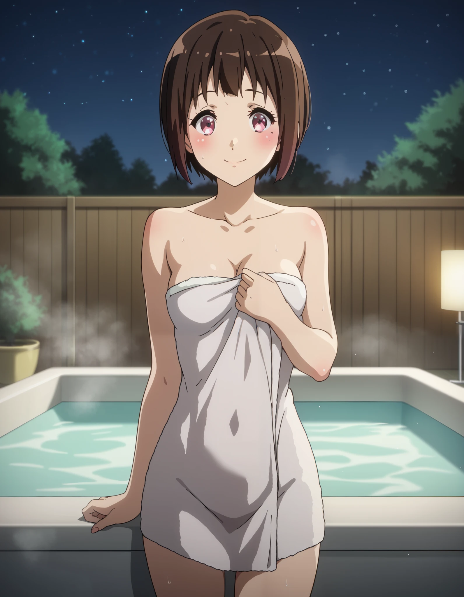 Alone, one girl, kaori nakaseko, (cowboy shot), short hair, bangs, brown hair, pink eyes, mole, mole under eye, small breasts, cleavage, (I'm fascinated:1.2), (shy), (smile), (blush), (completely naked white bath towel), (bedroom), ( luxury hotel:1.2), (night:1.2), score_9, score_8_superior, score_7_superior, source_ anime, (best quality:1.2), high quality, full color, 8k, High Resolution
