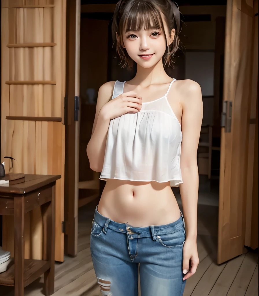   top quality 、  Ultra High Definition、  masterpiece、Clear Photo、(Photorealistic:1.6)、(  cute girl、  cute Yuki Yoda)、(  full body photo)、(  cute face :1.6)、   hair bun、  ( low rise denim pants   :1.8、Show your underbelly:1.2) 、 short hair:1.6 、  white blouse、bornまれた々born々A vivid depiction、smile, 