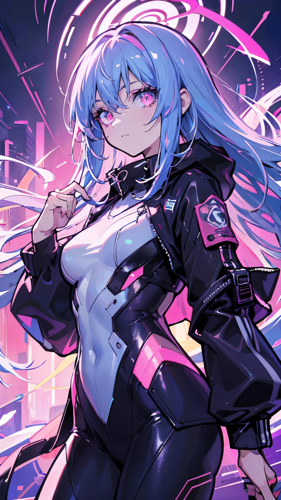 Envision an 8k masterpiece of anime artistry, depicting a stunningly beautiful girl surrounded by an array of monitors in a room illuminated by neon lights. She's the epitome of cyberpunk chic, dressed in attire that fuses futuristic fashion with a touch of street style, accentuated by her vibrant pink hair that glows under the neon's luminescence.
Her focused gaze is fixed on the screens, which cast a multicolored glow onto her face, highlighting the intense concentration in her eyes. The room's details are ultra-defined, from the sleek surfaces of the high-tech equipment to the subtle reflections and shadows created by the myriad of lights. The girl's cyberpunk outfit, with its intricate designs and tech-savvy accessories, is rendered with painstaking attention, capturing the essence of a world where advanced technology and edgy style collide.