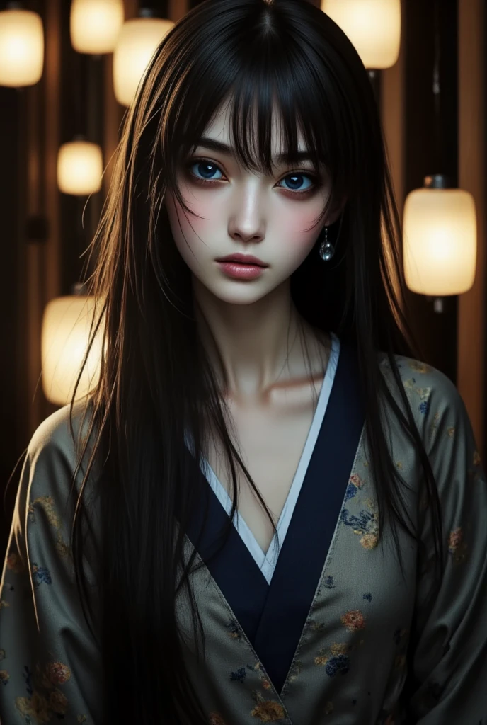 ghost girl、woman、Do you tie Japanese hair、eyes are big、PALE SKIN、 with lanterns 、over 0 degrees {x} bending her neck 90 degrees or more and looking at the front、 and is wearing a kimono、The background is a Meiji era night street、