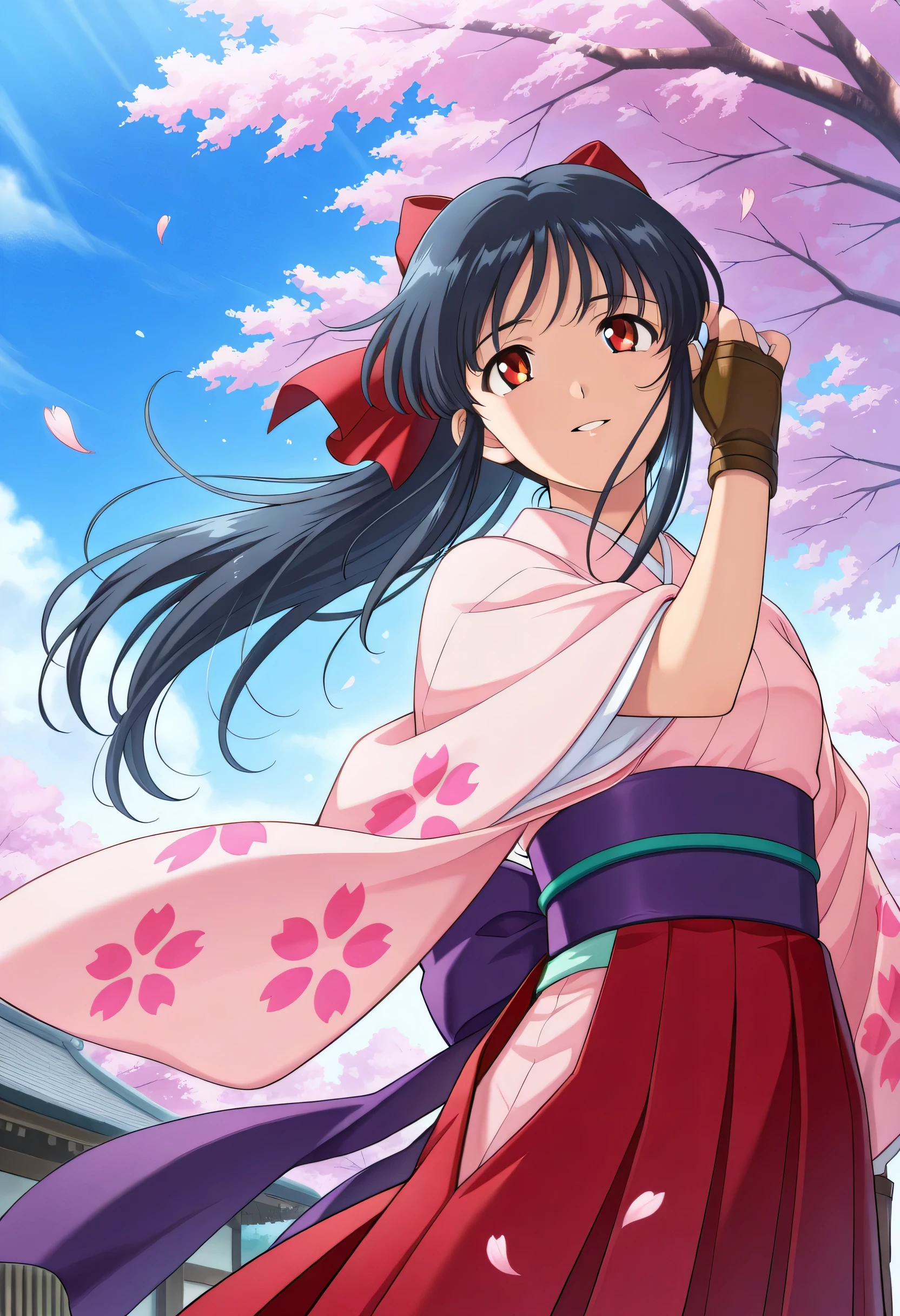 detailed eyes, beautiful, detailed background, perfect eyes,
source_anime, very aesthetic, anime coloring, masterpiece, official art,
BREAK,
sakura tree, japanese village, sakura petals, windy, floating hair,
cowboy shot, dynamic angle,
looking up, hand on hair, light smile, parted lips,
BREAK,
sakuraBase, black hair, hair ribbon, red ribbon, brown hair, ponytail, red bow, sidelocks, bangs,
meiji schoolgirl uniform, japanese clothes, red hakama, floral print sleeves, floral print kimono, purple sash, fingerless gloves, green obijime,