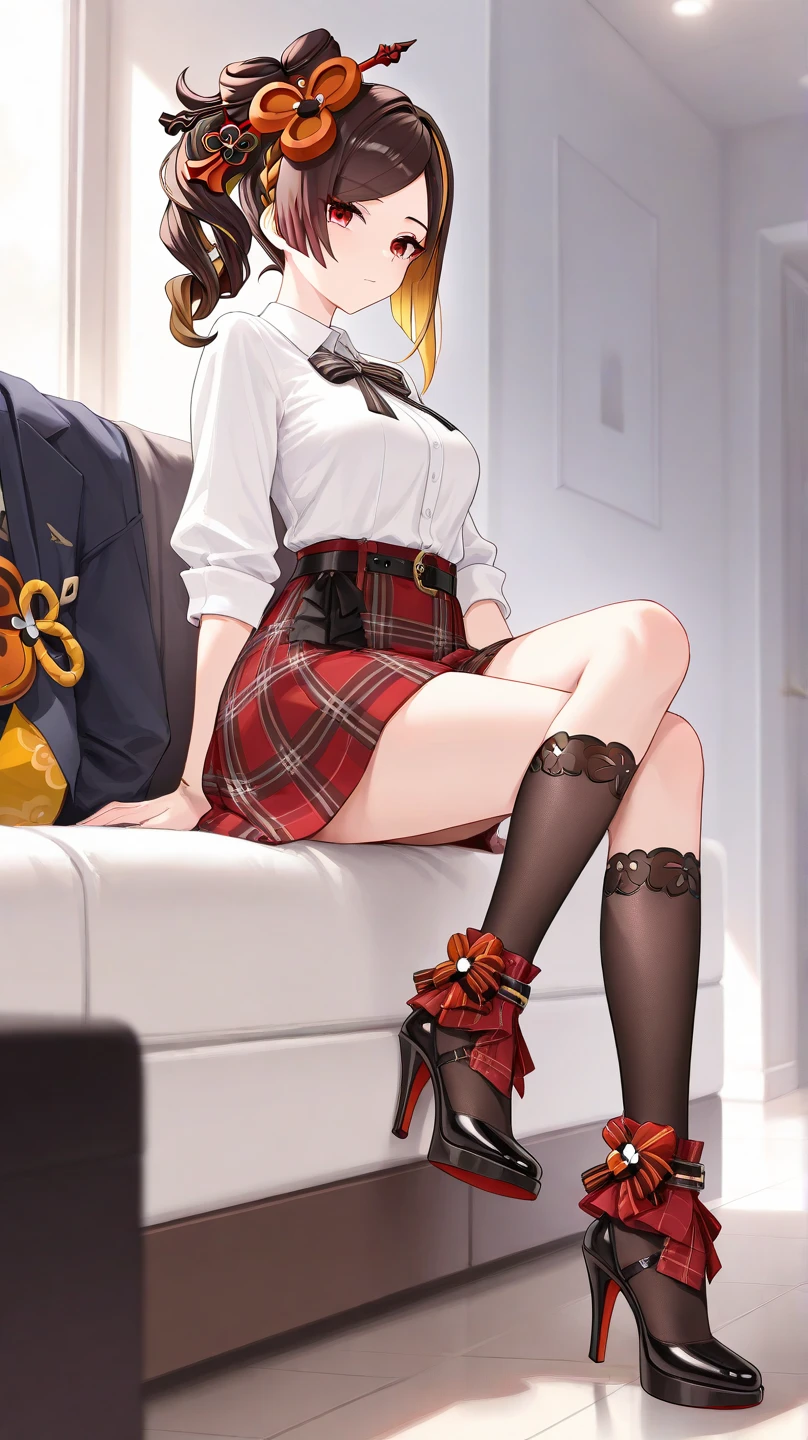 anime, beautiful face, highly detailed face, detailed perfect eyes, perfect hair, perfect lips, accurate arms, accurate hands, perfect legs. highly detailed background, perfect lighting, full bod,y, 1girl, solo, ruby hoshino, ruby, oshi no ko, bedroom, heels, blonde hair, thighhighs, stockings, bedroom, absurdres, high res, ultrasharp, 8K, masterpiece, looking at viewer, (sexy pose:1.4), (full body:1.5), horny face, teasing face, school outfit, school uniform, skirt, cleavage, stockings, sitting down, sitting away from viewer, looking back over her shoulder, view from behind, ass view
