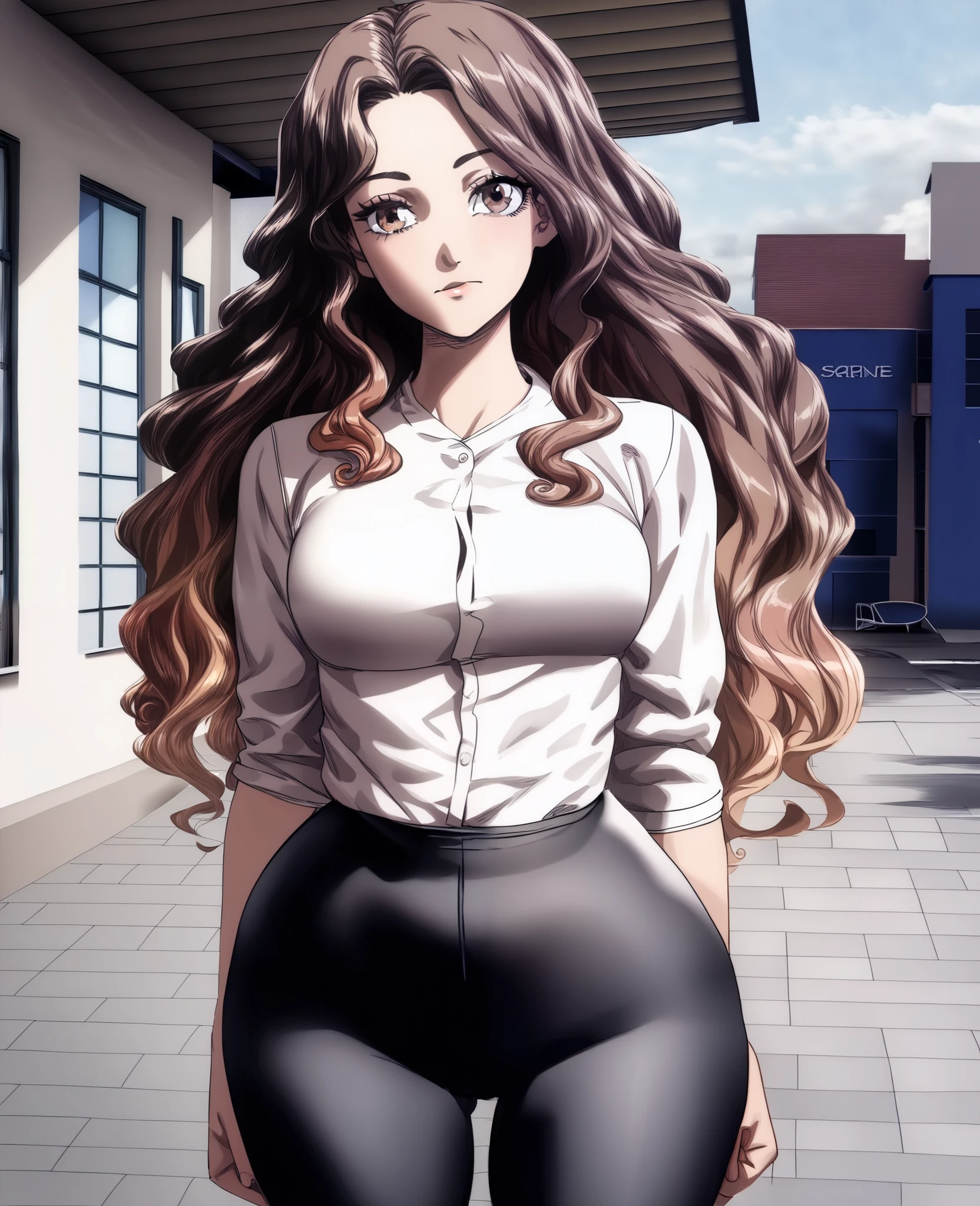 ((Short beautiful girl,brown gradient hair,brown-with-little-blonde gradient hair,brown wavy long hair,brown eyes,middle part front long wavy hairstyle,low-fair skin,wearing white shirt without-sleeves,black fitness pants with blue strippes,blue-strippes on black pants,wide hips,little-breasts)),(((Background of outaide of two prange school building with 3 floors,stand,normal mood,front view,brown hair,brown middle part long wavy hair,beauty brown eyes)))