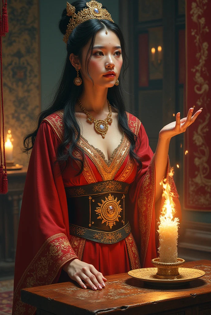 (((medium shot)))a stunning detailed background  (ancient roman baths in an elaborate room with flaming wall torches sconces, Indian temple ),, mid age, milf, dark theme,masterpiece, best quality, realistic, photo of fit sexy naked brunette  30 year old with a flower in hair (Al1c3R0b3rt501-4200)  girl(tiny waist, medium hips, large natural breast),  ( beautiful very long:1.5    red , Bright Green, Knot braid hair:1.5,  Rosy Brown lips,) flicked, detailed face,:1.5 detailed body, full body, intricate, High Detail, Sharp focus  (perfect female form, perfect face:1.5, beautiful eyes,:1.5 eyeliner, expressive eyes, amused expression), light sensual smile, ,nsfw, 
  ((perfect eyes)), (detailed pupils) long shot, , depth of field,  perfect nipples, highly elaborate areola,(((medium shot))) (realistic:1.5)
 <lora:XS_fashionV2:0.7>(xsfashion, Traditional fashion),(metallic violet)