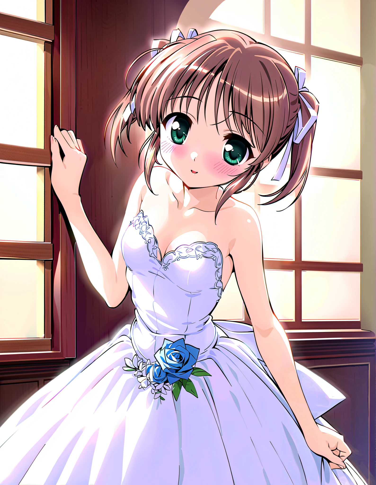 Asagiri Mai, Alone, (cowboy shot), brown hair, short hair, hair ribbon, twintails, green eyes, small breasts, cleavage, (wedding dress), (shy:1.1), (blush), (smile), (I'm fascinated:1.1), (incoming kiss:1.2), ( wedding venue from the window), score_9, score_8_superior, score_7_superior, source_ anime, (best quality:1.2), masterpiece, high quality, full color, 8k, High Resolution, front light