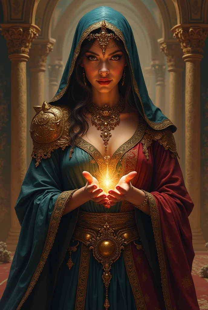 a medium color portrait illustration of an attractive female wizard with a ponytail wearing long loose flowing blue intricately embroidered wizard robes smiling, masterpiece, best quality, highly detailed (dungeon background), mage_glam, necklace, pouches, belts, (large glowing runed circles), fire and ice, casting a spell, highly detailed face, ultra high resolution, in the style of adrian ghenie, esao andrwes, jenny saville, endward hopper, surrealism, dark art by james jean, takato yamamoto, inkpunk minimalism, Best quality details, realistic, High definition, High quality texture, epic lighting, Cinematic film still, 8k, soft lighting