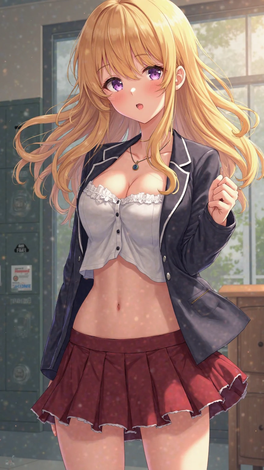 long hair, cleavage, navel, slim legs, blonde hair, skirt, Kitagawa marin, school uniform, class, navel, happy, orange eyes