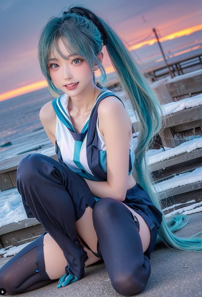 Beach、Clear blue sky、Huza、Seiza、Hands in the crotch、miku hatsune、Official art, masterpiece, Sharp Focus, (Beautiful gorgeous cute korean woman:1.3), (Beautiful cute korean woman:1.3), Korean beauty, Delicate Beautiful Hair and Eyes and Face, realisitic, ultra-detailliert, a beauty girl, blue-sky, Glow white particles, (side lights:1.2), rays of sunshine, white clouds, Fine clouds, A slender, 1girl in, Dynamic Angle,Full body, 100-layers,masutepiece,supreme,best,amazinig,great,detail,Stylish,Illustration,action SHOT, aiming at viewer, hands on pockets, School uniform, Blunt bangs, Hairpin, Shy,superfine illustration,(((beautiful fine hair))),(((Beautiful Fine Face))),(((Beautiful fine background))),