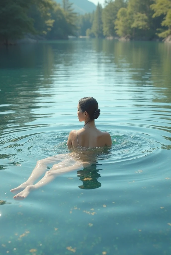 realistic Japanese naked girl on very small island in center of the lake --auto