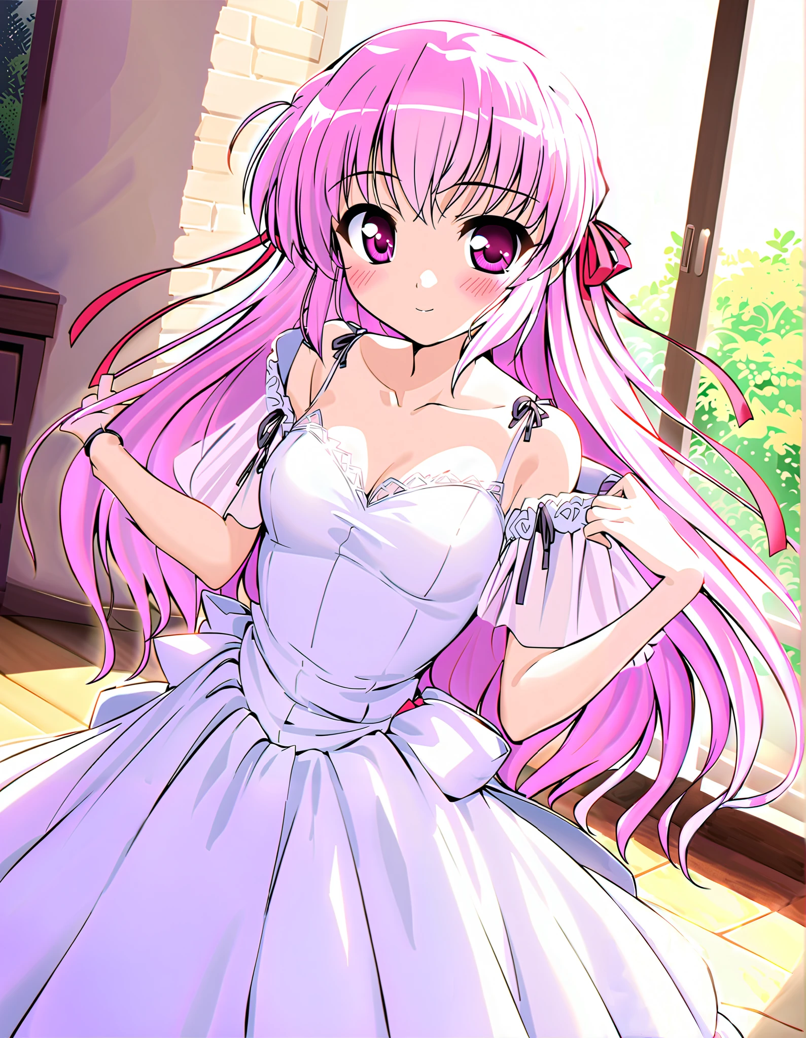 estel freesia, Alone, (cowboy shot), pink hair, hair ribbon, long hair, purple eyes, pink eyes, small breasts, cleavage, (wedding dress), (shy:1.1), (blush), (smile), (I'm fascinated:1.1), (incoming kiss:1.2), ( wedding venue from the window), score_9, score_8_superior, score_7_superior, source_anime, (best quality:1.2), masterpiece, high quality, full color, 8k, High Resolution, front light