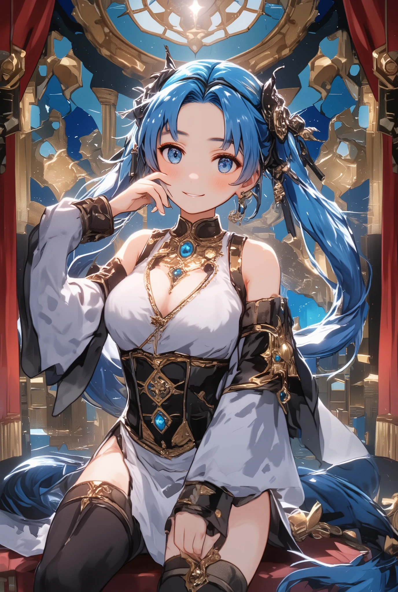 anime girl with blue hair and a crown holding a coin, detailed digital anime art, extremely detailed artgerm, seductive anime girl, anime goddess, 2. 5 d cgi anime fantasy artwork, 8k high quality detailed art, trending on artstation pixiv, anime style 4 k, beautiful alluring anime woman, portrait knights of zodiac girl, detailed anime artwork