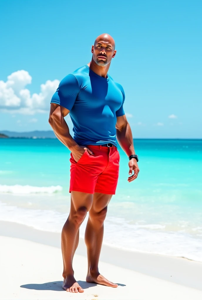 realistic, (masterpiece, top quality, best quality, official art), very detailed, colorful, most detailed, divine, short hair, black hair, handsome man, beach, necklace, beach, chest, six-pack abs, brown skin, blue eyes, handsome smile, muscles, ((broad shoulders, narrow waist)), shirtless, big, firm thighs