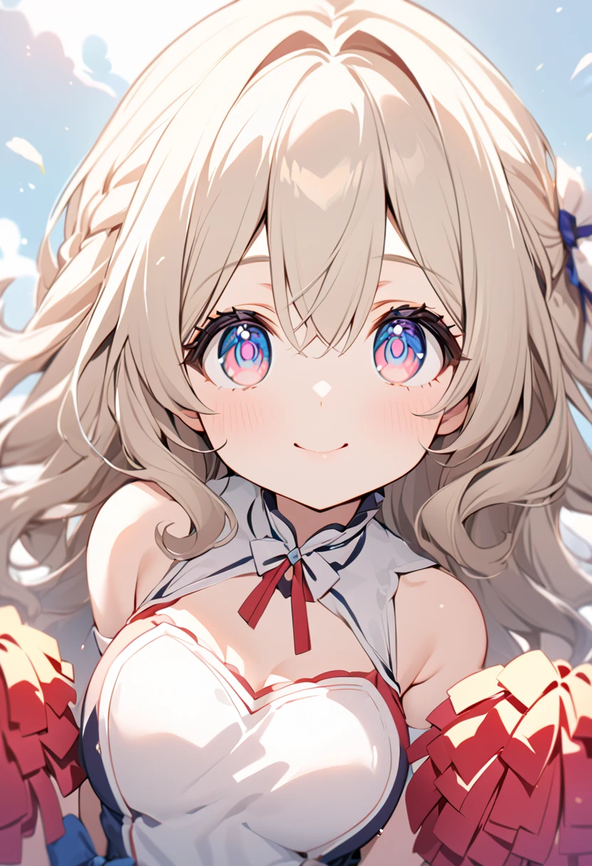 (masterpiece:1.3), (8K、best quality:1.4), (Best image quality, Intricate details, high resolution, Depth field, Natural light, Professional lighting), (1 girl), (Solitary), (Asian Girls, Very beautiful 18 year old comic girl), (Very beautiful woman、A charming and beautiful woman, 美しい銀髪のBob Cooter, 強い青いEye, 強いEyeのハイライト, Large breasts, Perfect anatomical structure, Dynamic Lighting, Lip Gloss), A beautiful face with perfect symmetry, Beautiful and delicate woman, Very nice facial details, とても美しい詳細なEye, Smile at the audience, Laughing happily, Beautiful Teeth, Beautiful Teeth alignment, Very detailed, Very detailed, Beautiful Teeth, Beautiful Teeth alignment, Very detailed, Very detailed, ((Detailed cheerleader:1.2)), The light shines on your face, ((Dynamic poses)), Bob Cooter, Cross Bangs, Asymmetrical bangs, Long Neck, Let me see your ears, disappear&#39;Eye, Eyelash, Lovely, Large breasts、very beautiful and big, Very beautiful breast shape, Beautiful cleavage, Tall supermodel, Long-legged supermodel, 超级名模Dress up as a cheerleader, Strike a pose, Dress up as a cheerleader, woman closeup, to the camera, laughter, (Cheerleading costumes), ((scarf, Open-front sleeveless shirt, Flared skirt, mini skirt)), Young slim gravure idol, Young gravure idol, Young gravure idol, Stadium background during daytime