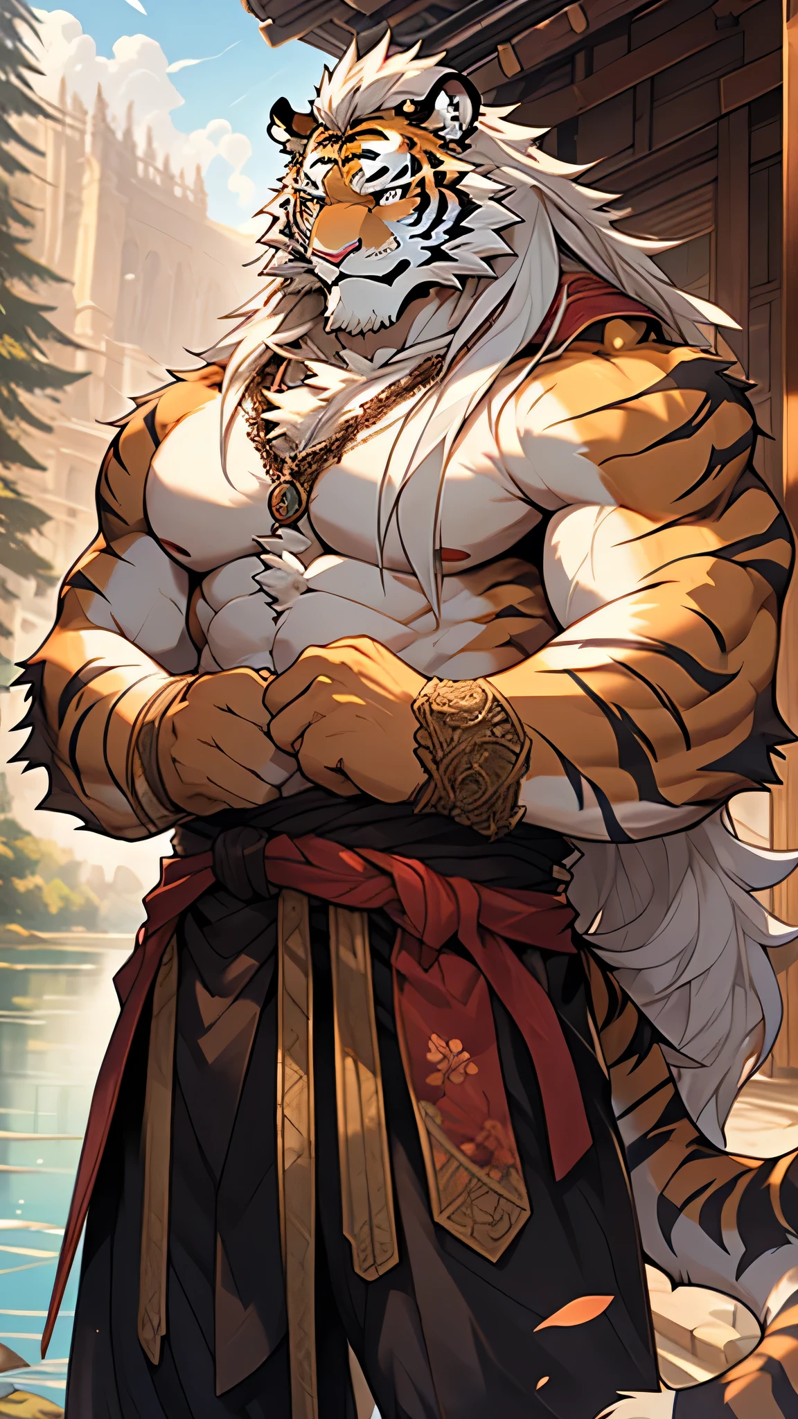 Lin Hu,muscular ,Plump and firm,Samurai style,shirtless,macho