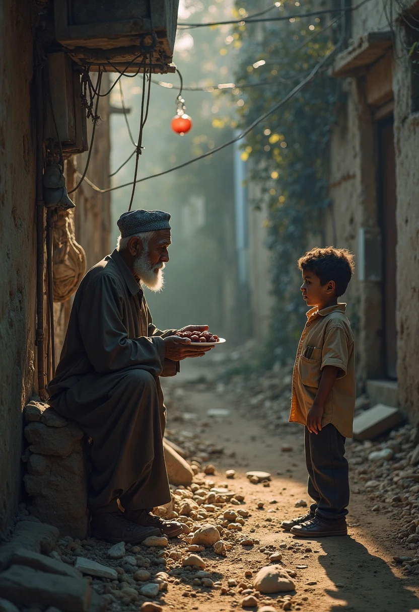 "A poor boy (Ali), around 12–, wearing simple clothes, walks through an old street market. In front of him is a small antique shop. An old shopkeeper is showing Ali a shiny, ancient coin. The shop glows with a soft golden light. In the background, there are Urdu signboards and people walking by. Ali's face shows curiosity and hope."
