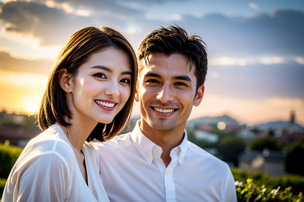 ((Highest quality、8k、masterpiece:1.3))、 (Genuineistic, Genuine、Bright image、Intricate details:1.2), Best smile 1 man 1 woman、Beautiful Couple、spouse、Couple、spouse、Beautiful Couple、Smile、full-course dinner、 (Slim face), (The body is slim), (Brown Hair), (short hair), テーブルの上のwine glass、Please shine a light on my face、 Amazing view of the sunset sky and clouds、 (age 34), 41 years old, red wine 、Appetizers、Wine bottle、sparkling wine、Long sleeve shirt、dress、White wine, red wine, wine glass,