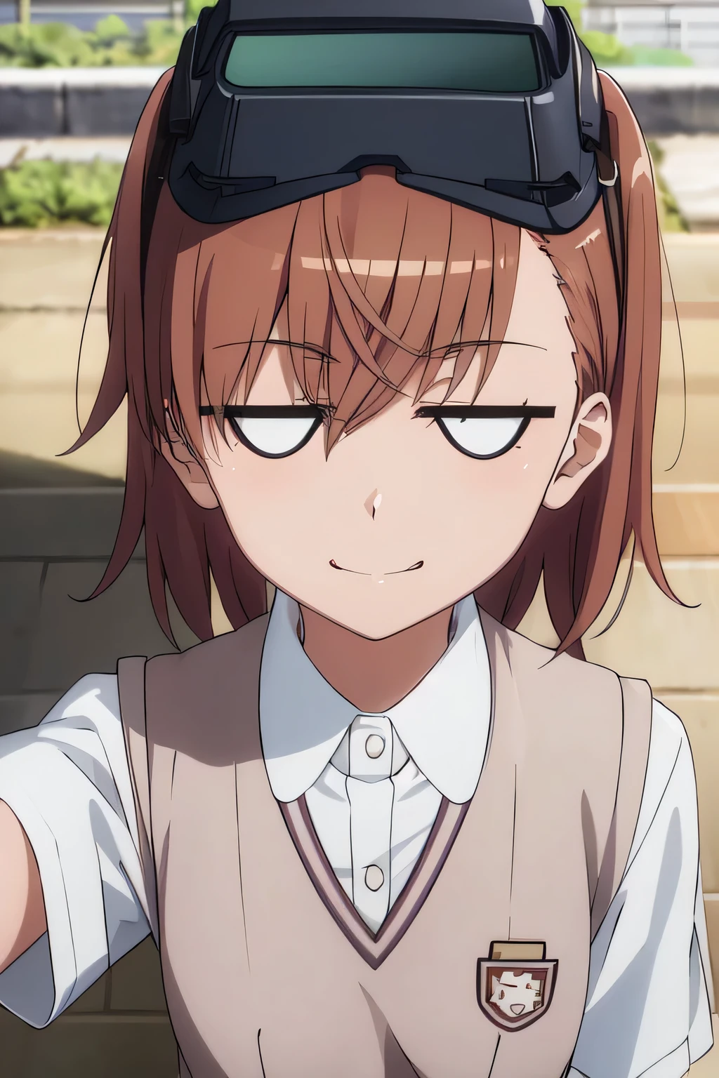 upper body, from above, MISAKA 10032, tokiwadai school, uniform, gazing to viewer with scornful eyes, jitome, slightly playful smile, grin:1.1, full smile:1.3, goggles on head (extremely dlietailed CG, masterpiece, highres icon,absurdres,4K)