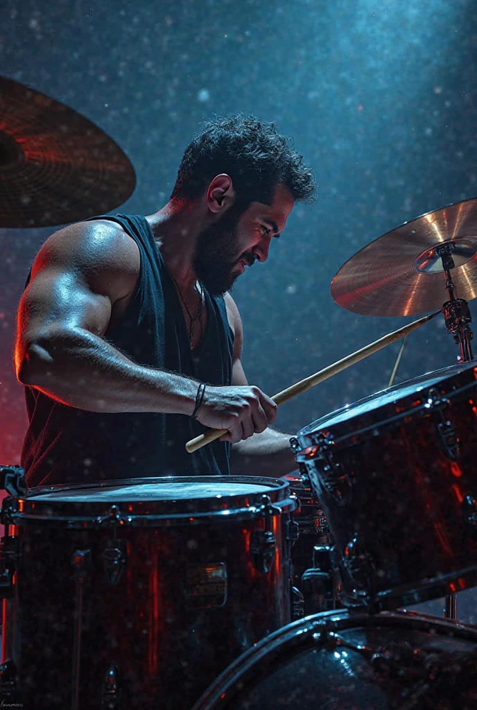 Goro playing drums with 4 drumsticks, one on each arm