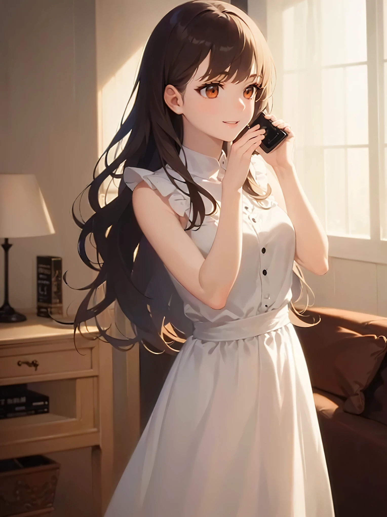(looking away:1.5), masterpiece, best quality, detailed, Masterpiece, Great detailed pictures, RAW photo, photorealistic, Realistic, real person, standing, talking on phone, (pale skin: 1.2), shiny skin, shiny hair, (25-year-old woman with medium hair with bangs) and (wavy hair) and (brown hair) and (orange eyes), (white) and (Sleeveless ruffled collared dress), smile, inside living room, alone,