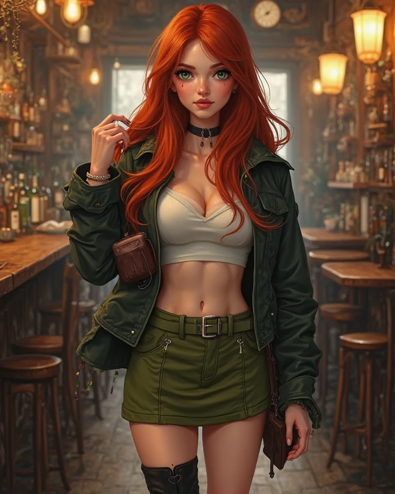 tall college woman(Long red hair; blue eyes; large breasts; pale skin; blushing; girl-next-door look; soft and cute features); at a bar on a date; black leather jacket, neon-green tank top, and high-waisted jeans, with her hair styled in a messy bob; best quality; trending on artstation; complex volumetric lighting; strong shadows; artistic lighting; dynamic; energetic vibe; realistic skin; specular highlights; micro-textures; highly detailed hair;