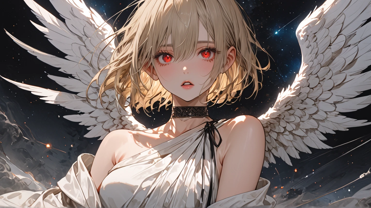masterpiece,best quality,illustration,1girl,(close-up:1.3),face_focus,(beautiful detailed girl),beautiful detailed glow,(blood from eyes:1.3),(beautiful detailed eyes),angel halo,white hair,sunlight,thinking,lonely,closed mouth,extremely light,Holy Light,dynamic angle,Light particle,(hime cut:1.3),very long hair,(((pupils))),expressionless,looking at viewer,angel wings,large wings,multiple wings,(((starry sky))),dusk sky,Floating light spot,Lots of feathers,<lora:å¢å å²è¯ç»é¢æ°å´åæå¾ç»è_v1.0:0.7>,<lora:fashionGirl_v53:0.3>,