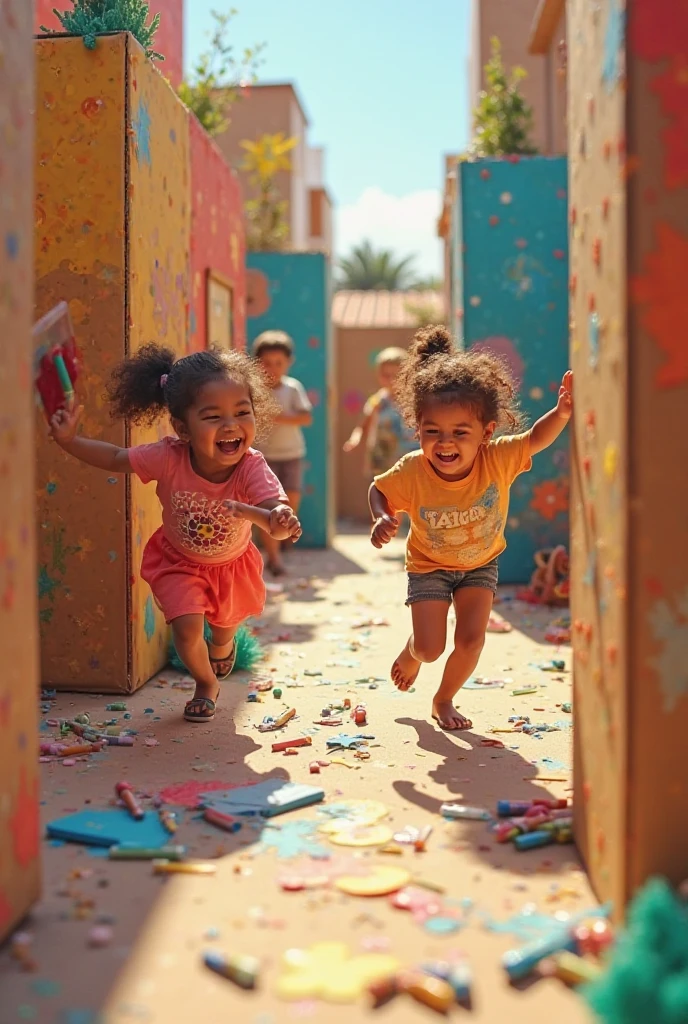 Create an image of two children playing in a peripheral alleyway, a white boy and a girl with indigenous features.