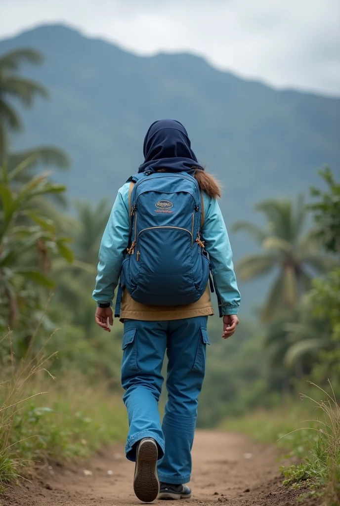 (POV) A beautiful Javanese girl smiles, wears a hijab (light brown) and wears a checkered flannel shirt (red, yellow and dark brown), and a Javanese man with an oval face, rather thin, wears a checkered flannel shirt (maroon and dark blue), they were standing next to the edge of a steep cliff, carrying a carrier bag (deuter 70kg) colored (maroon), carrying trekking poles colored (orange), in the background deep forest, fog, a small rocky river,top view,4d, 32k UHD,realistic photography,ultra detailed,reflective surface.