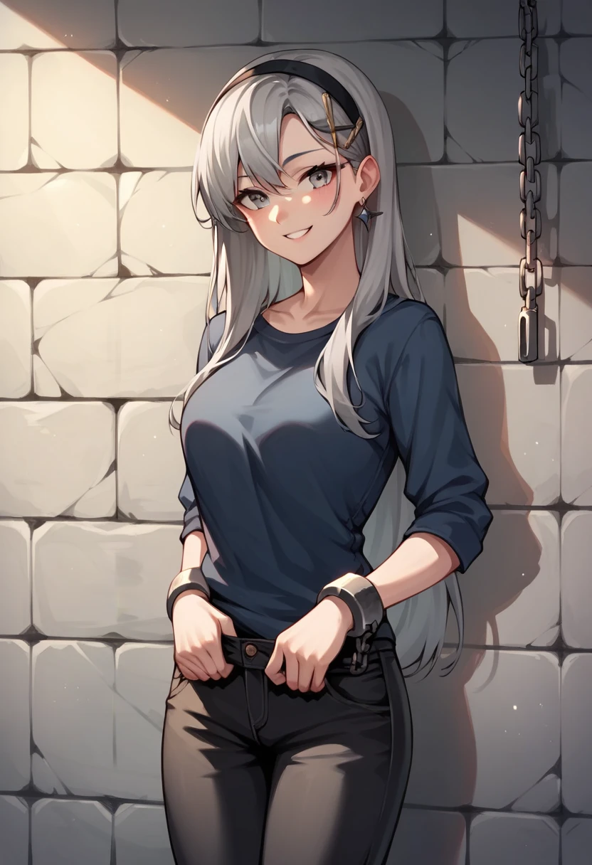 score_9, score_8_up, score_7_up, score_6_up, score_5_up, score_4_up, source_anime, 1girl,shenhedef, lower body, worth, smile, gray hair, hairband, hairpin gray eyes, long hair, dark blue shirt, black pants, shackles, arms, wall, room, looking at the viewer, best quality, best res, 4K UHD,