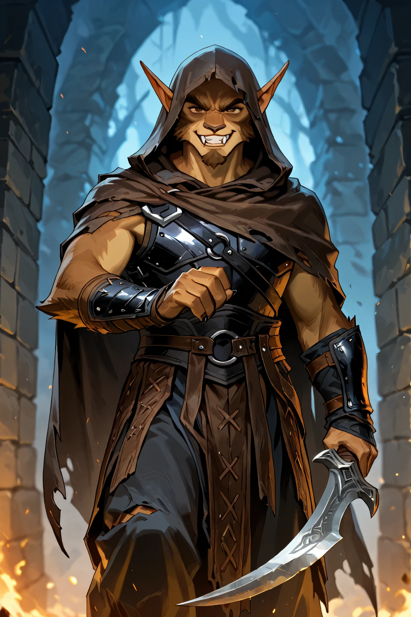 solo, bugbear, pointy ears, fangs, furry, male, tanned skin, brown fur, brown eyes, dark tan hooded cloak, leather armor, holding a scimitar in one hand, standing in street cornor, foggy, night scene, bounty hunter, assasin, caviler era clothing, evil grin, dungeons and dragons, fantasy art, close up