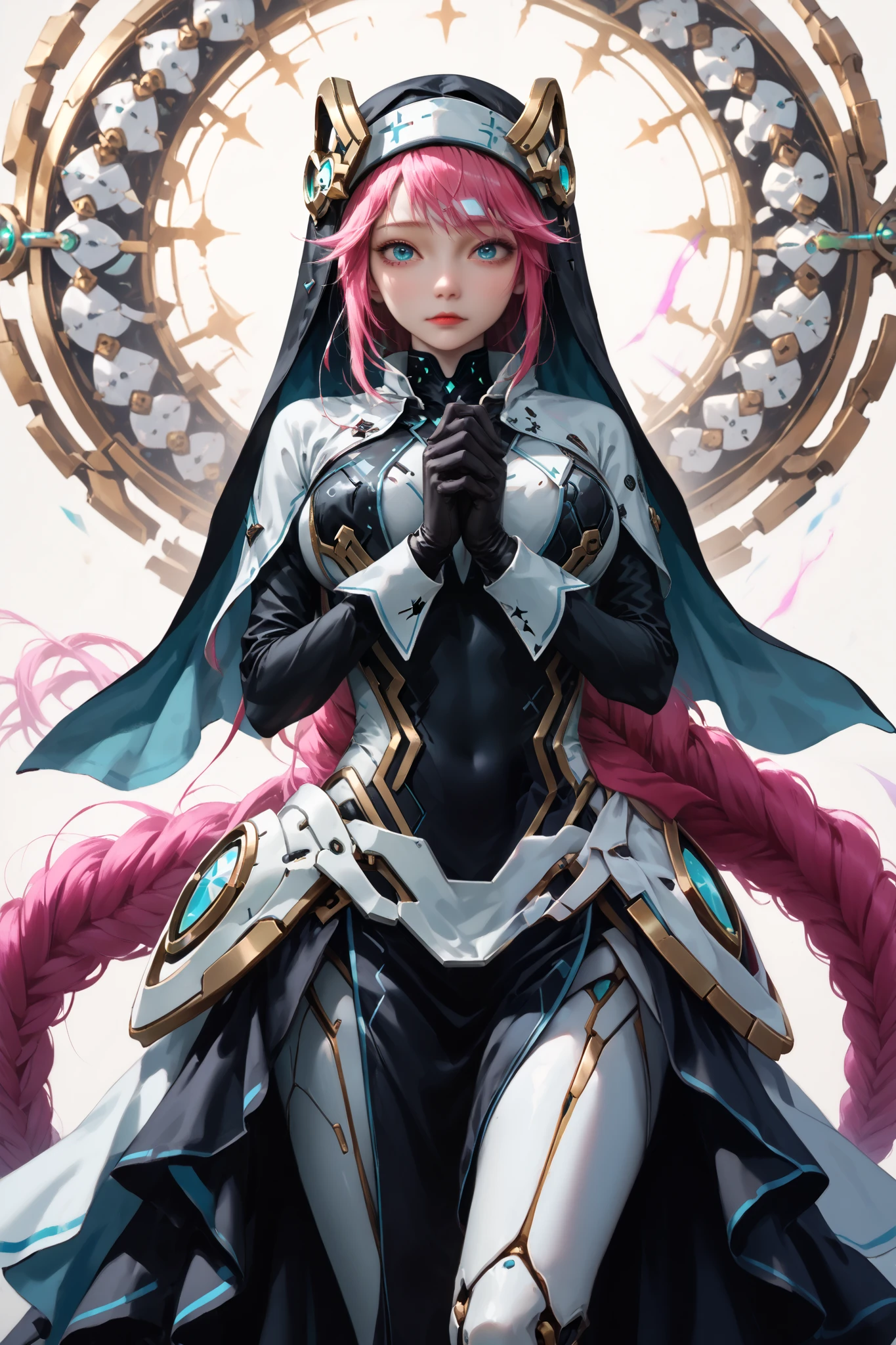 Rapunzel (Nod), blond hair, High Resolution, 1 girl,  nun,  blue eyes, habit, very long hair with underarm hair,  looking at a viewer with open arms and legs, Absard dress, black gloves, standing, white background,  reinforced exoskeleton, simple background, score_9,  score_8_up, score_7_up, masterpiece, Highest quality, perfect anatomy, very aesthetic, 8k
