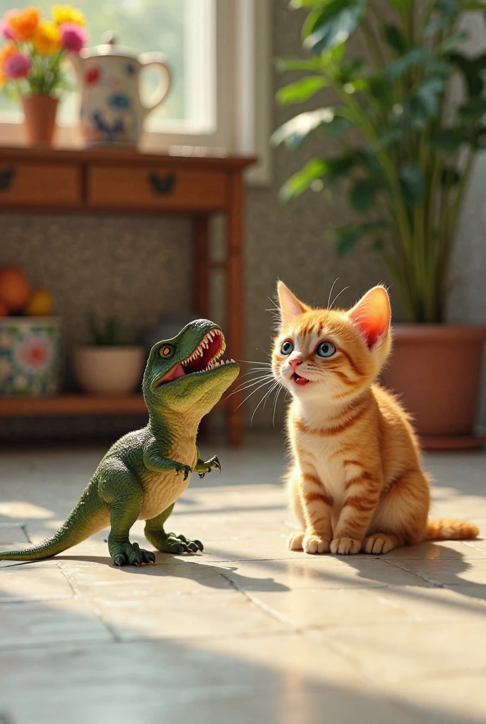 "A funny and unusual scene in a domestic environment. There's a small hyperrealistic dinosaur, Is it a Tyrannosaurus Rex. Next to him, an orange shorthair cat looks at the 'creature' with a surprised and frightened expression. The environment has a light tile floor, some green In the background and household objects like a vase of colorful flowers and a table with various items. The lighting is cozy , and the scene conveys a fun and creative tone."