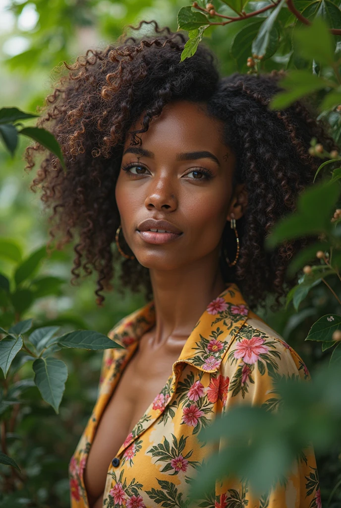 A Brazilian woman in a lush tropical garden, wearing an open shirt with a floral print, with a close-up capturing the harmonious beauty between her breasts and the natural flowers, showing off your natural charm and outgoing personality.