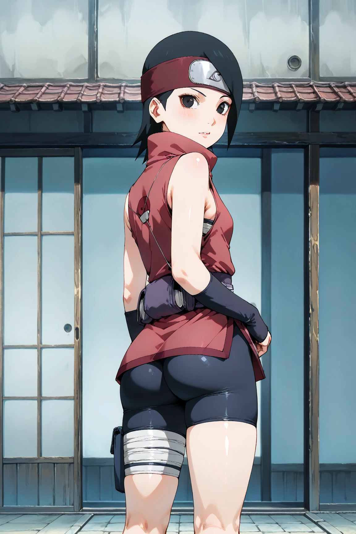 masterpiece, absurdres , (intricate details), (colorful),cinematic lighting,bust shot,extremely detailed CG unity 8k wallpaper,tenten\(shippuden\), 1girl, solo, hakama pants, (white shirt), medium breasts, hand on hip,forehead protector, konohagakure symbol, headband, looking at viewer, outdoors, bamboo forest, frown, (((tight fitting clothes))), ((midriff)), skinny, ((sleeveless)), ((tight ass)),