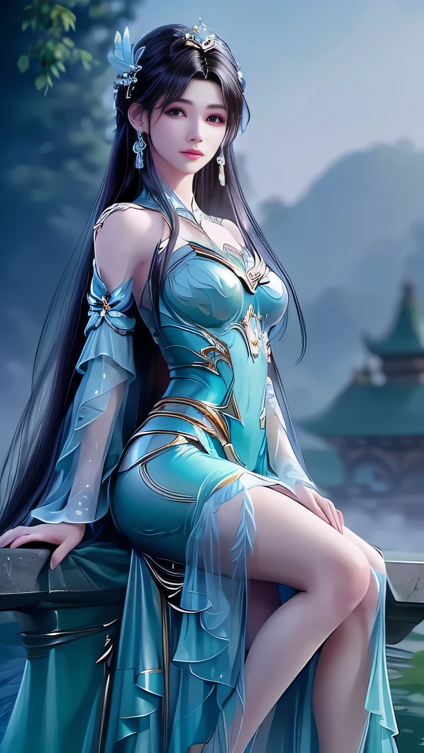 Sitting by a lake full of lotus flowers, feet playing in the water, the art depicts a charming woman with a melon face, dressed in a flowing, silky traditional oriental dress, long, aqua blue, decorated with intricate patterns and bright colors. Her dress drapes elegantly over her curvy figure, accentuating her seductive silhouette. She sits gracefully by the tranquil lotus lake, her feet playing in the water, bathed in the soft glow of the moonlight. The scene exudes an ethereal and dreamy atmosphere, with a touch of mystery and sexiness. The graphic style blends watercolor and digital illustration techniques to evoke a refined beauty and charm. The lights are filled with soft moonlight, casting soft highlights and shadows on her charming features. Bare thighs, big breasts, three-dimensional facial features, sitting, upturned legs, side braids