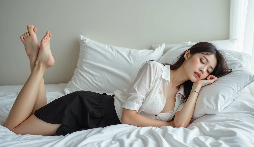 Ultra-high resolution, (Realistic: 1.4), RAW Photos, highest quality, (Realisticistic), concentrate, Soft Light, ((28 years old)), ((Japanese)), (front, Young Face))), (Written boundary depth), (one piece), masterpiece, (Realistic), woman, short hair、Black Hair,  Bedroom, Small breasts、Small breasts、Sleep on your back:1.5、pajamas:1.5、pajamas、whole body、barefoot